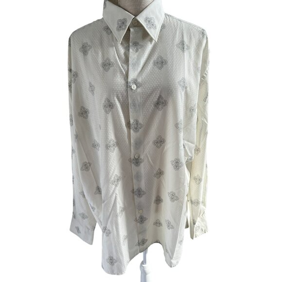 Perry Ellis Mens XL White Long Sleeve Button-Up Shirt W/ Gray Pattern - Picture 1 of 8